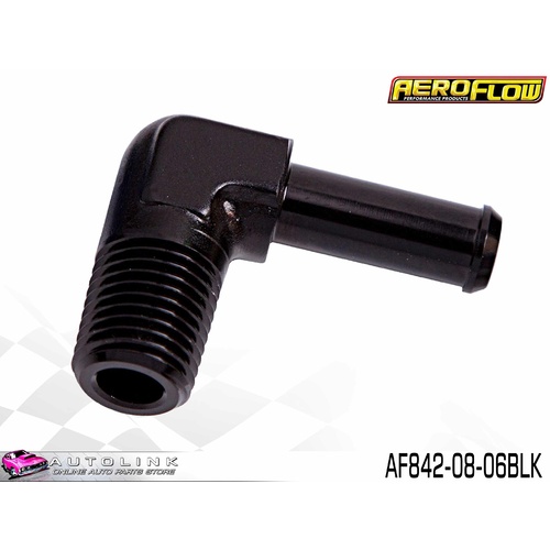 AEROFLOW 90° ADAPTER 3/8" BARB TO 1/2" NPT BLACK FINISH AF842-08-06BLK