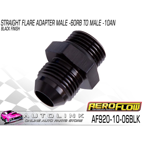 AEROFLOW STRAIGHT FLARE ADAPTER -6 ORB TO MALE -10AN BLACK AF920-10-06BLK