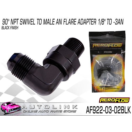 AEROFLOW 90° NPT SWIVEL TO MALE AN FLARE ADAPTER 1/8" TO -3AN AF922-03-02BLK