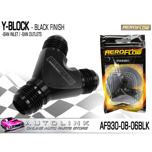 AEROFLOW AF930-08-06BLK Y-BLOCK -8AN INLET -6AN DOUBLE OUTLETS BLACK FINISH