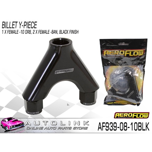 AEROFLOW BILLET Y-PIECE 1x FEMALE -10 ORB 2x FEMALE -8AN BLACK AF939-08-10BLK