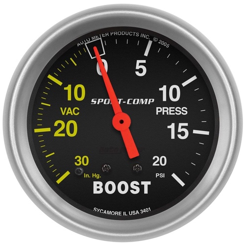 Autometer 3401 Sport Comp Series Mechanical Boost Vacuum Guage 2-5/8" Full Sweep