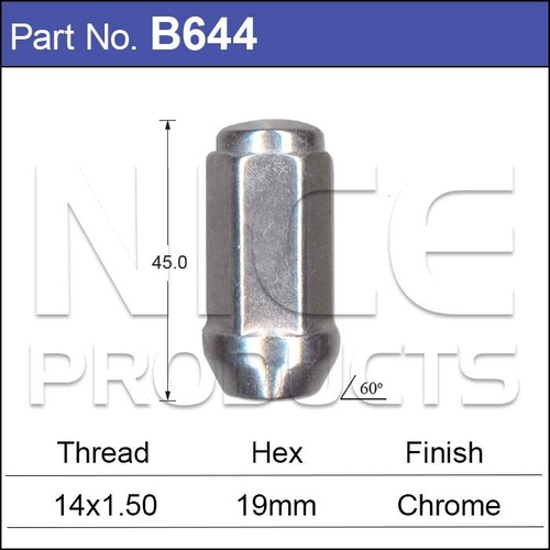 Nice Chrome Wheel Nut M14 x 1.5 Thread Mag Taper Closed 19mm Hex 44mm Long B644