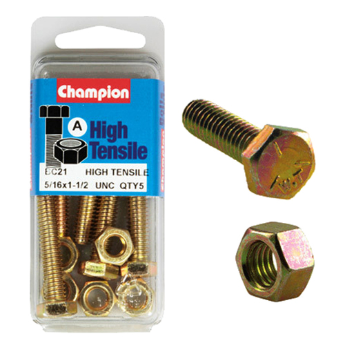 Champion BC21 High Tensile Full Thread UNC Bolts & Nuts 5/16 x 1-1/2 in. Pack of 5