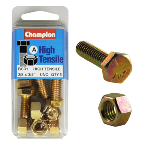 Champion Fasteners BC31 High Tensile UNC Bolts & Nuts 3/8 x 3/4 in. Pack of 5