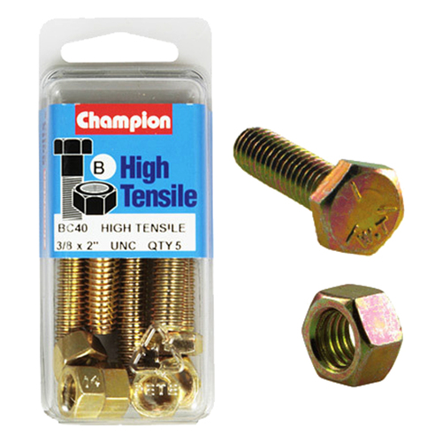 Champion Fasteners BC40 High Tensile UNC Bolts & Nuts 3/8 x 2 in. Pack of 5