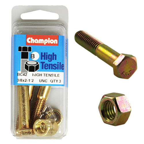 Champion Fasteners BC42 High Tensile UNC Bolts & Nuts 3/8 x 2-1/2 in. Pack of 3
