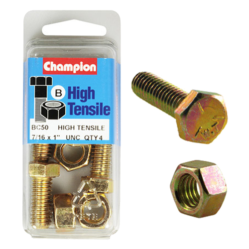 Champion Fasteners BC50 High Tensile UNC Bolts & Nuts 7/16 x 1 in. Pack of 4