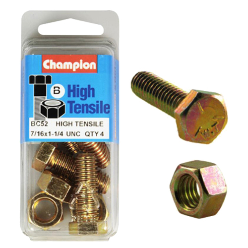 Champion Fasteners BC52 High Tensile UNC Bolts & Nuts 7/16 x 1-1/4 in. Pack of 4