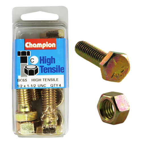 Champion Fasteners BC65 High Tensile UNC Bolts & Nuts 1/2 x 1-1/2 in. Pack of 4