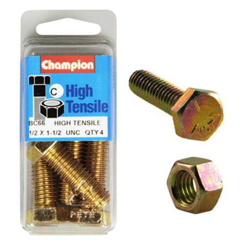 Champion Fasteners BC66 High Tensile UNC Bolts & Nuts 1/2 x 1-1/2 in. Pack of 4
