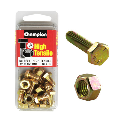CHAMPION FASTENERS BF1 HIGH TENSILE UNF BOLTS & NUTS 1/4" x 1/2" PACK OF 10