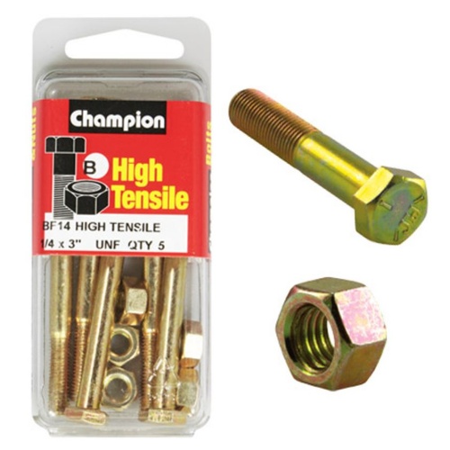 CHAMPION FASTENERS BF14 HIGH TENSILE UNF BOLTS & NUTS 1/4" x 3" PACK OF 5