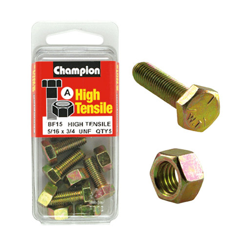 CHAMPION FASTENERS BF15 HIGH TENSILE UNF BOLTS & NUTS 5/16" x 3/4" PACK OF 5