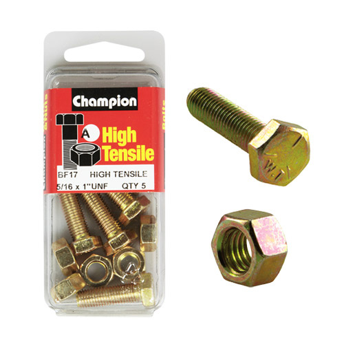 CHAMPION FASTENERS BF17 HIGH TENSILE UNF BOLTS & NUTS 5/16" x 1" PACK OF 5