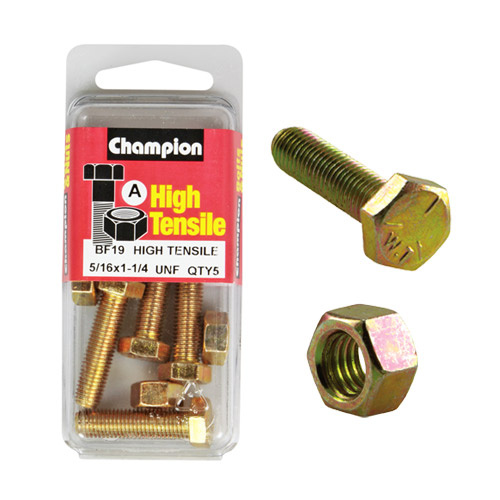CHAMPION FASTENERS BF19 HIGH TENSILE UNF BOLTS & NUTS 5/16" x 1-1/4" PACK OF 5