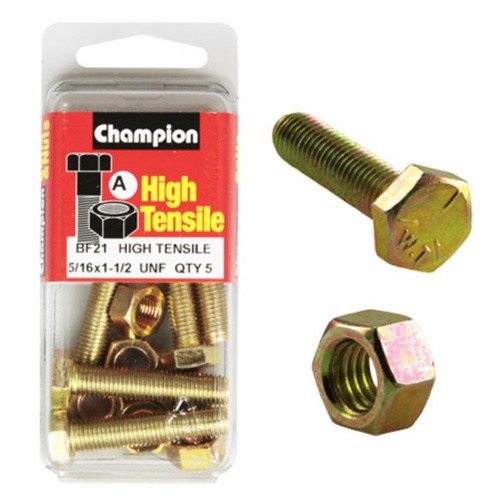 CHAMPION BF21 HIGH TENSILE FULL THREAD UNF BOLTS & NUTS 5/16" x 1-1/2" PACK OF 5