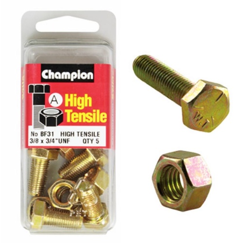 Champion Fasteners BF31 High Tensile UNF Bolts & Nuts 3/8 x 3/4 in. Pack of 5