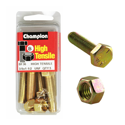 Champion BF36 High Tensile Full Thread UNF Bolts & Nuts 3/8 x 1-1/2 in. Pack of 5