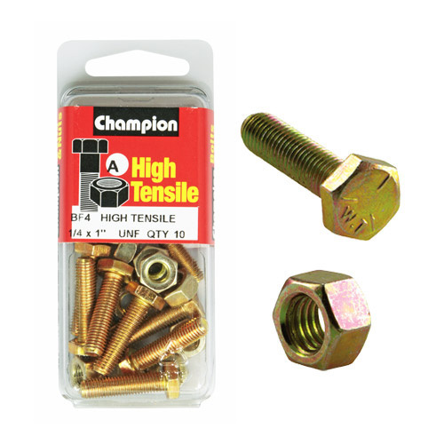 CHAMPION FASTENERS BF4 HIGH TENSILE UNF BOLTS & NUTS 1/4" x 1" PACK OF 10