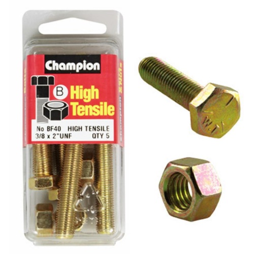 CHAMPION BF40 HIGH TENSILE FULL THREAD UNF BOLTS & NUTS 3/8" x 2" PACK OF 5