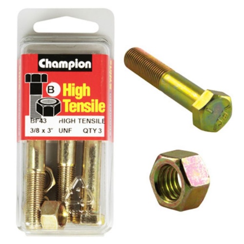 CHAMPION FASTENERS BF43 HIGH TENSILE UNF BOLTS & NUTS 3/8" x 3" PACK OF 3