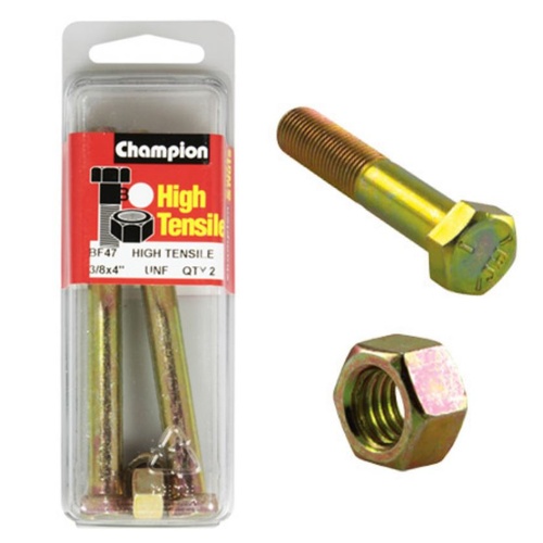 CHAMPION FASTENERS BF47 HIGH TENSILE UNF BOLTS & NUTS 3/8" x 4" PACK OF 2