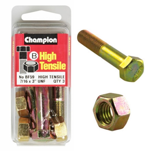 Champion Fasteners BF59 High Tensile UNF Bolts & Nuts 7/16 x 3 in. Pack of 3