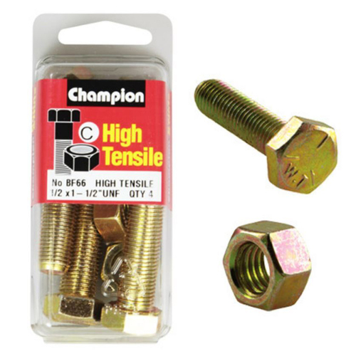 Champion BF66 High Tensile Full Thread UNF Bolts & Nuts 1/2 x 1-1/2 inch Pack of 4