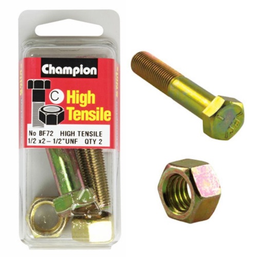 CHAMPION FASTENERS BF72 HIGH TENSILE UNF BOLTS & NUTS 1/2" x 2-1/2" PACK OF 2