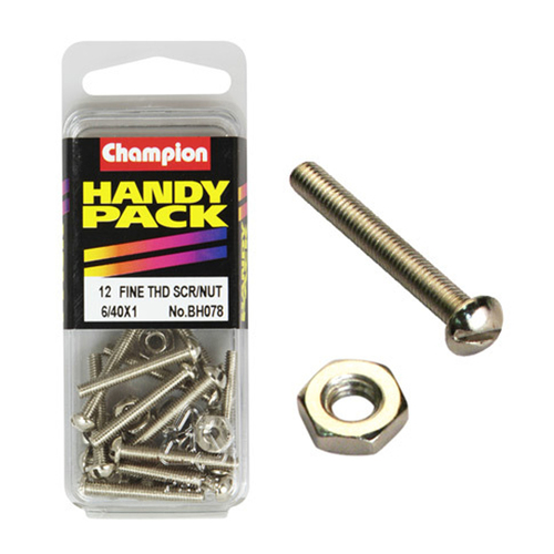Champion Fasteners BH078 Fine Thread Screws & Nuts 6/40 in. x 1 in. Pack of 12