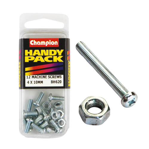 CHAMPION FASTENERS BH620 METRIC MACHINE SCREWS & NUTS 4mm x 10mm PACK OF 12