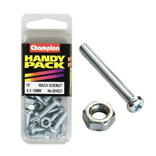 CHAMPION FASTENERS BH621 METRIC MACHINE SCREWS & NUTS 5mm x 16mm PACK OF 10