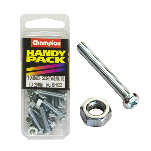 CHAMPION FASTENERS BH622 METRIC MACHINE SCREWS & NUTS 5mm x 20mm PACK OF 10