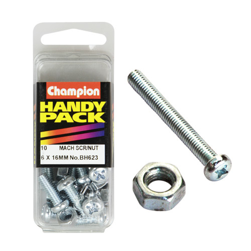 CHAMPION FASTENERS BH623 METRIC MACHINE SCREWS & NUTS 6mm x 16mm PACK OF 10