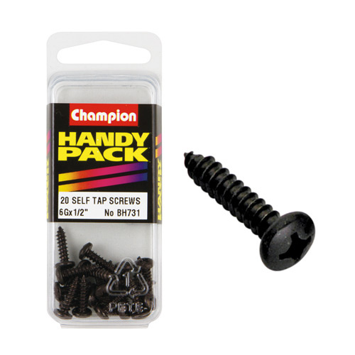 CHAMPION FASTENERS BH731 SELF TAPPING BLACK ZINC SCREWS 6g x 1/2" PACK OF 20