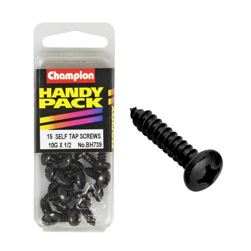 CHAMPION FASTENERS BH739 SELF TAPPING BLACK ZINC SCREWS 10g x 1/2" PACK OF 15