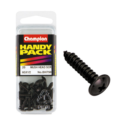 CHAMPION BH750 SELF TAPPING WASHER FACE BLACK ZINC SCREWS 6g x 1/2" PACK OF 20