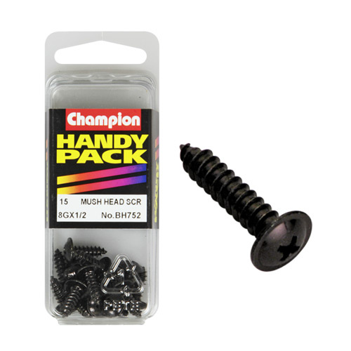 CHAMPION BH752 SELF TAPPING WASHER FACE BLACK ZINC SCREWS 8g x 1/2" PACK OF 15