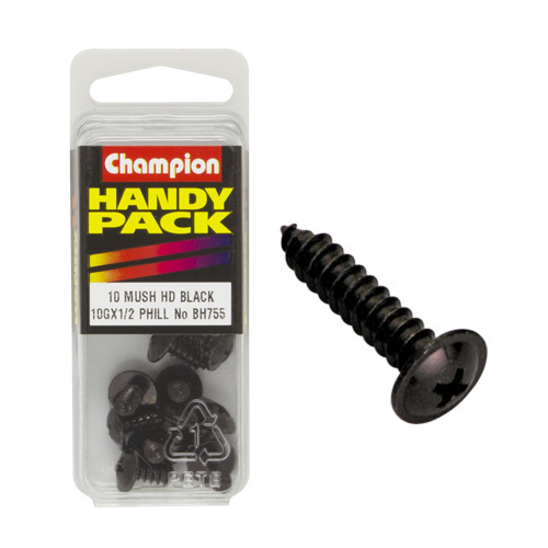 CHAMPION BH755 SELF TAPPING WASHER FACE BLACK ZINC SCREWS 10g x 1/2" PACK OF 10