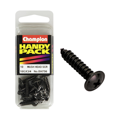 CHAMPION BH756 SELF TAPPING WASHER FACE BLACK ZINC SCREWS 10g x 3/4" PACK OF 10