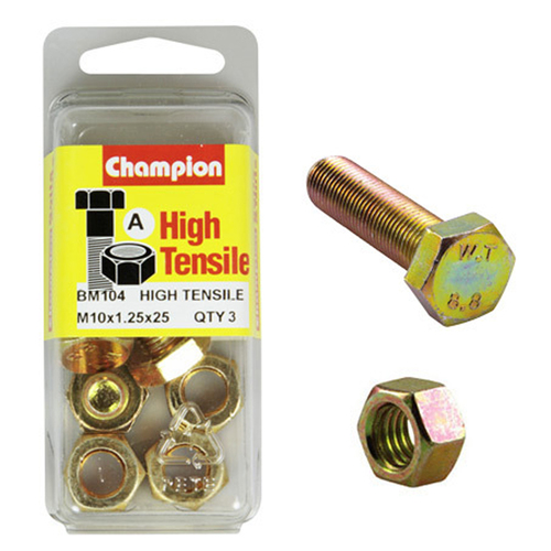 Champion BM104 Metric High Tensile Bolts & Nuts M10 x 1.25 x 25mm Pack of 3