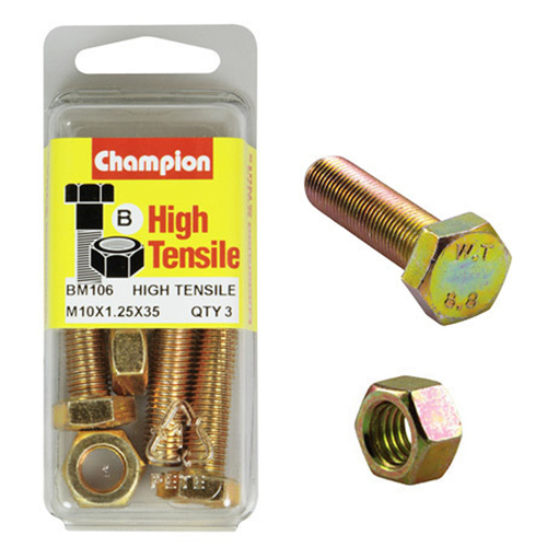 Champion BM106 Metric High Tensile Bolts & Nuts M10 x 1.25 x 35mm Pack of 3
