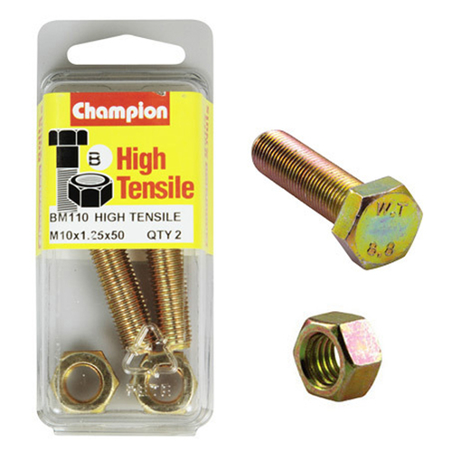 Champion BM110 Metric High Tensile Bolts & Nuts M10 x 1.25 x 50mm Pack of 2