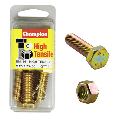 Champion BM116 Metric High Tensile Bolts & Nuts M12 x 1.75 x 30mm Pack of 4