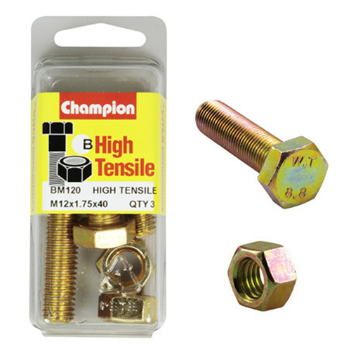 Champion BM120 Metric High Tensile Bolts & Nuts M12 x 1.75 x 40mm Pack of 3
