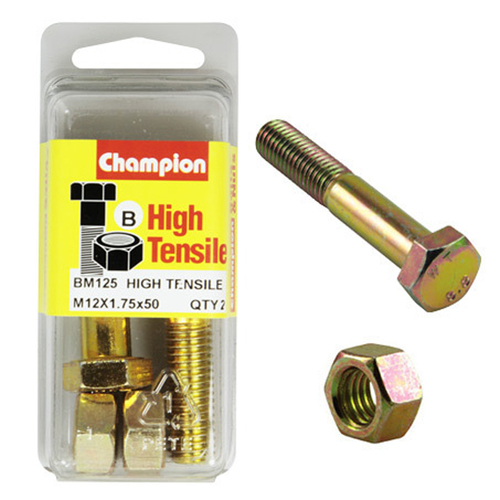 Champion BM125 Metric High Tensile Bolts & Nuts M12 x 1.75 x 50mm Pack of 2