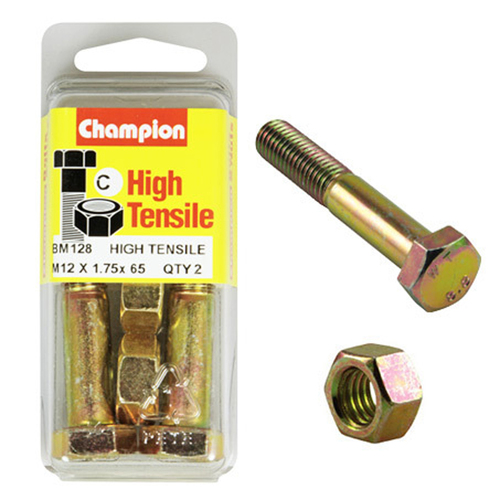 Champion BM128 Metric High Tensile Bolts & Nuts M12 x 1.75 x 65mm Pack of 2