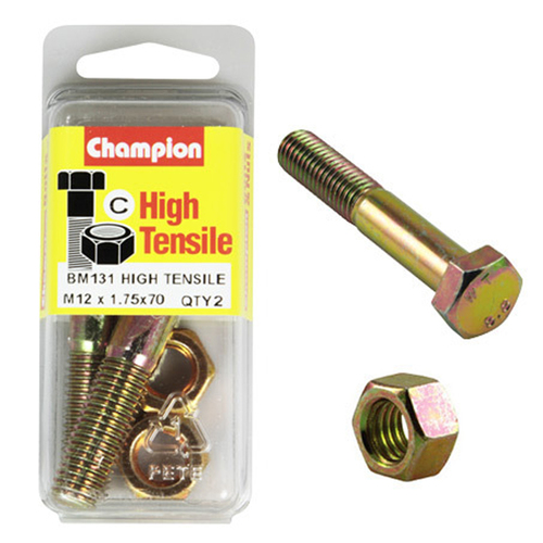 Champion BM131 Metric High Tensile Bolts & Nuts M12 x 1.75 x 70mm Pack of 2
