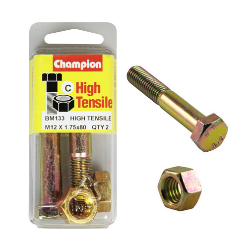 Champion BM133 Metric High Tensile Bolts & Nuts M12 x 1.75 x 80mm Pack of 2